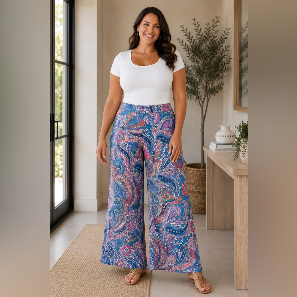 Ralph Lauren Boho Chic Blue Paisley Wide-Leg Pants Size XL